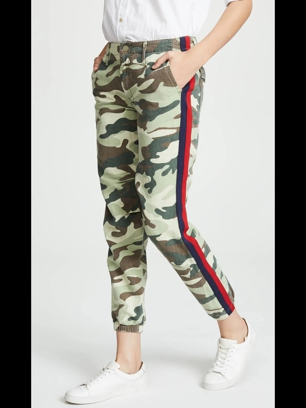 MOTHER Camouflage Pants with Red & Navy Side Stripe